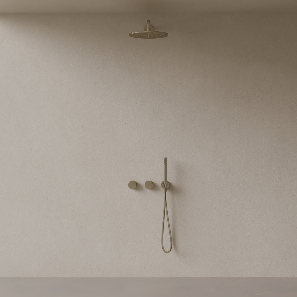 Thermostatic Curved Arm Rainfall Shower System with Dual Knob Control and Handheld