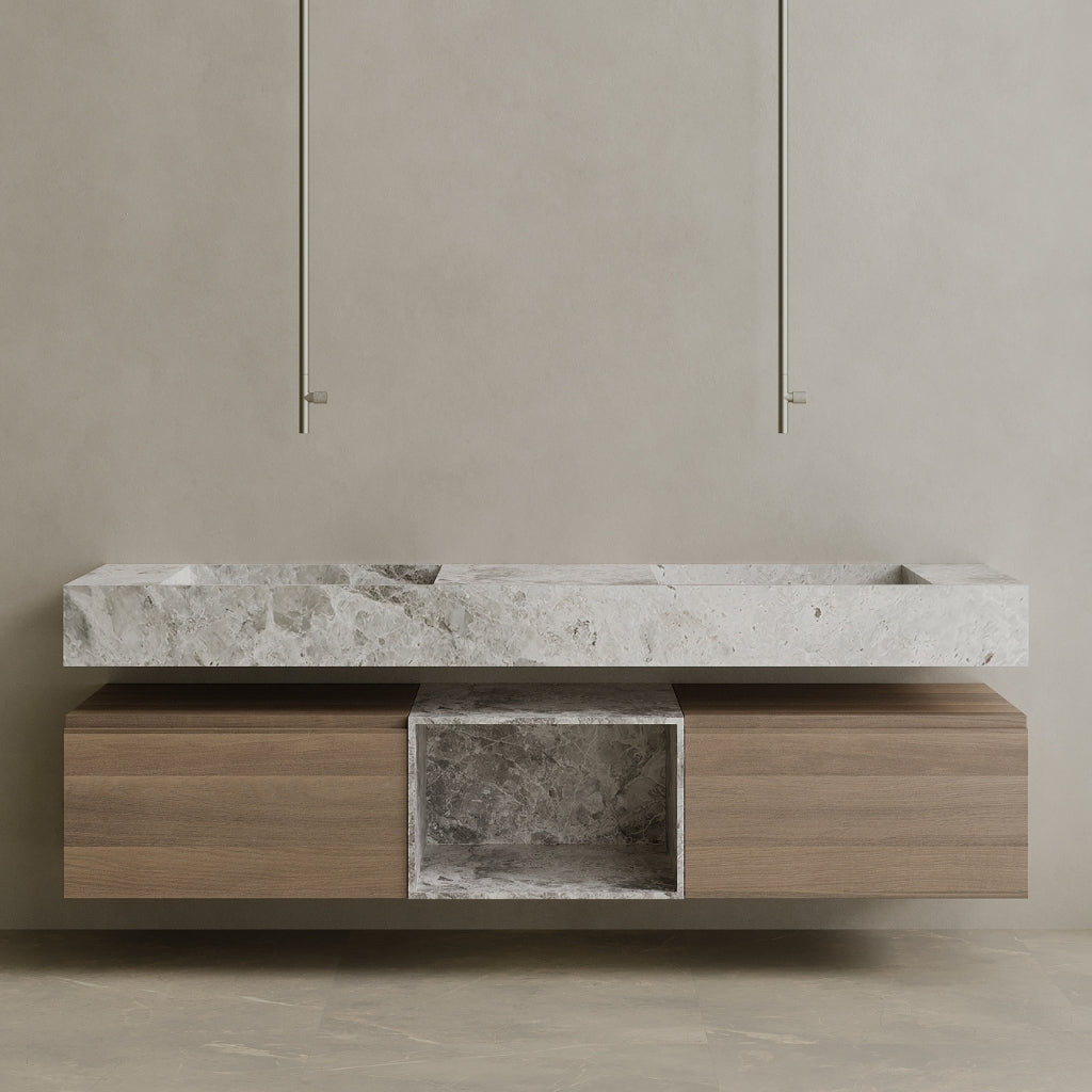 Oversized Floating Double Sink Marble Vanity with Wood Drawers