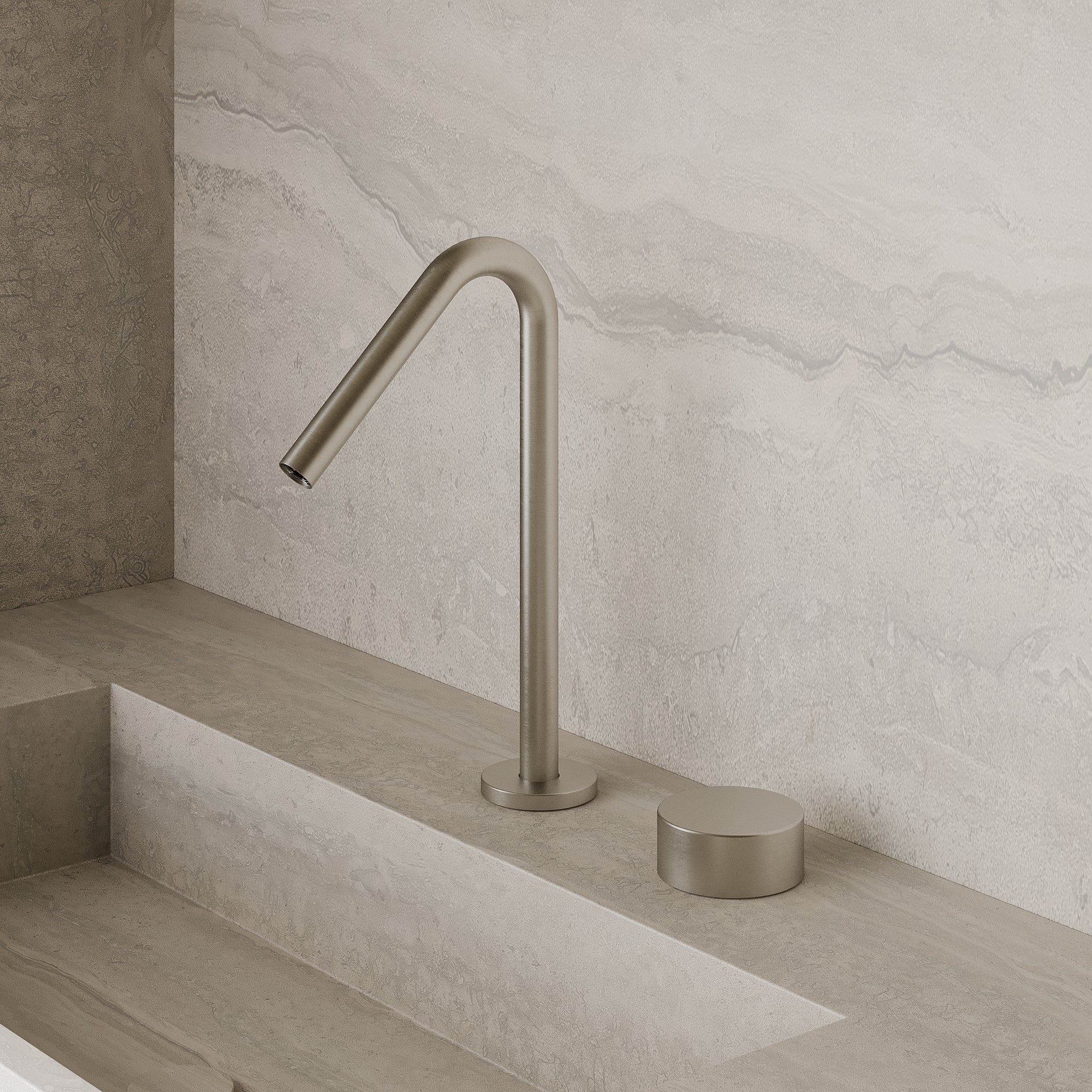 Modern Angled Counter-Mounted Faucet with Circular Knobs